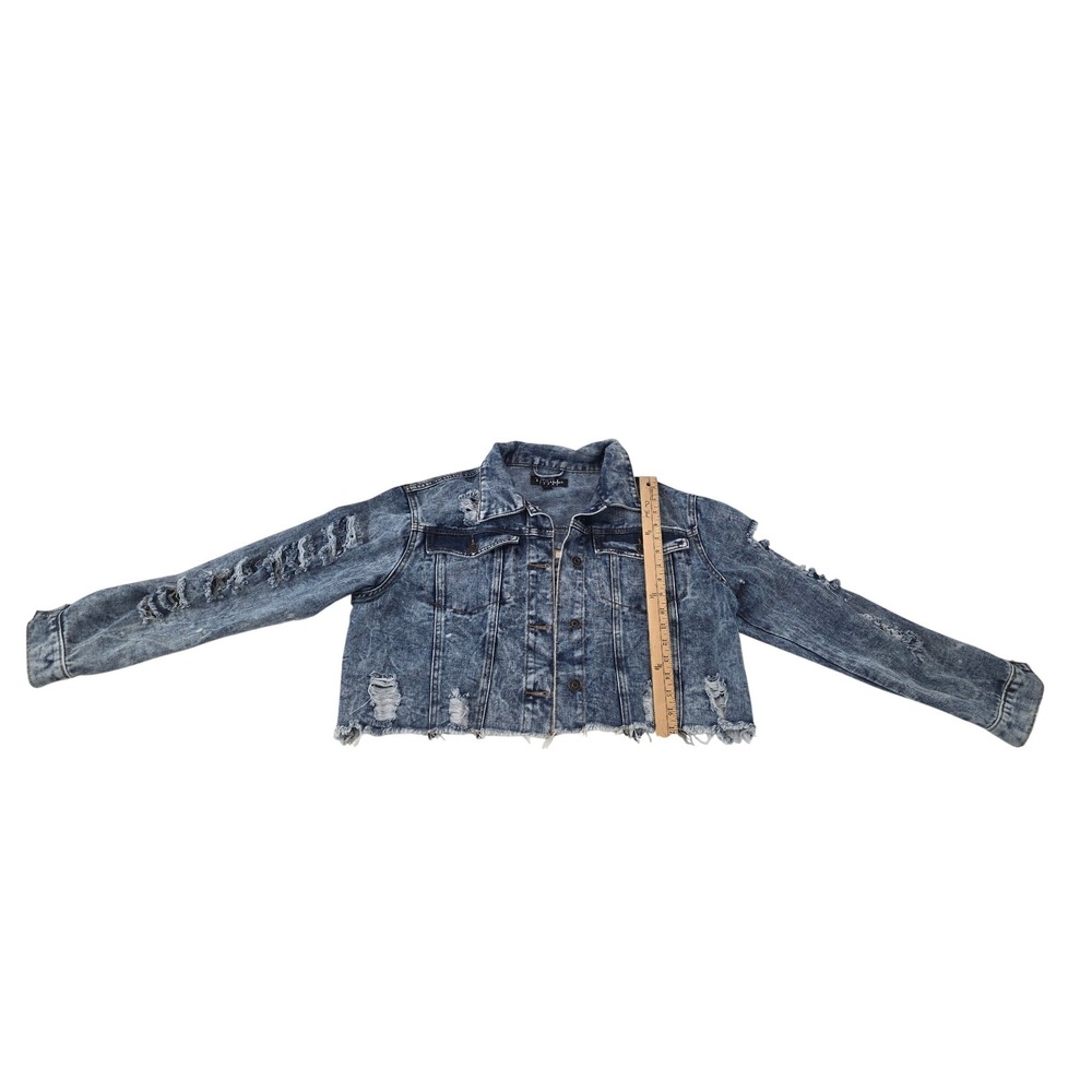 Thrill Jeans Womens Acid Wash Distressed Cropped Denim Jacket Blue L Shredded - Picture 4 of 9